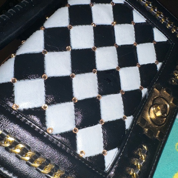 Black & White Checkered Chanel “Le Boy” Style Gold Champagne Swarovski Crystal - Picture 16 of 17